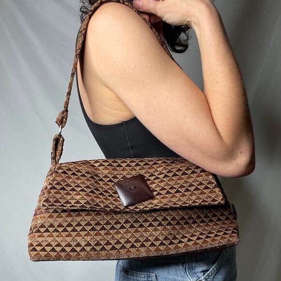 Handmade Y2K style geometric shoulder bag brown carpet velour Dana Herbert OOAK - Picture 13 of 17